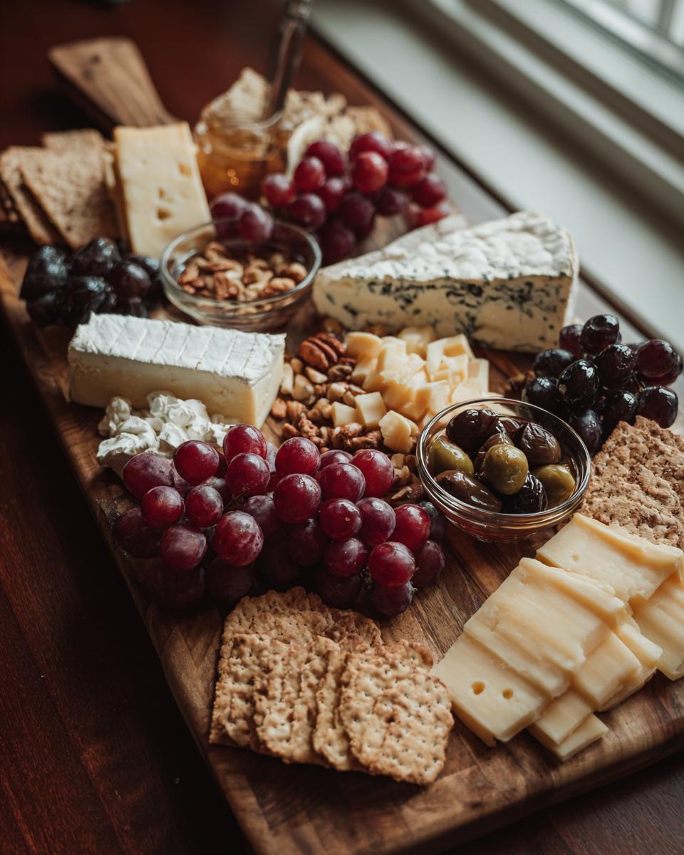 A beautiful and easy Cheese Board in 10 Minutes featuring various cheeses, grapes, crackers, nuts, and olives.