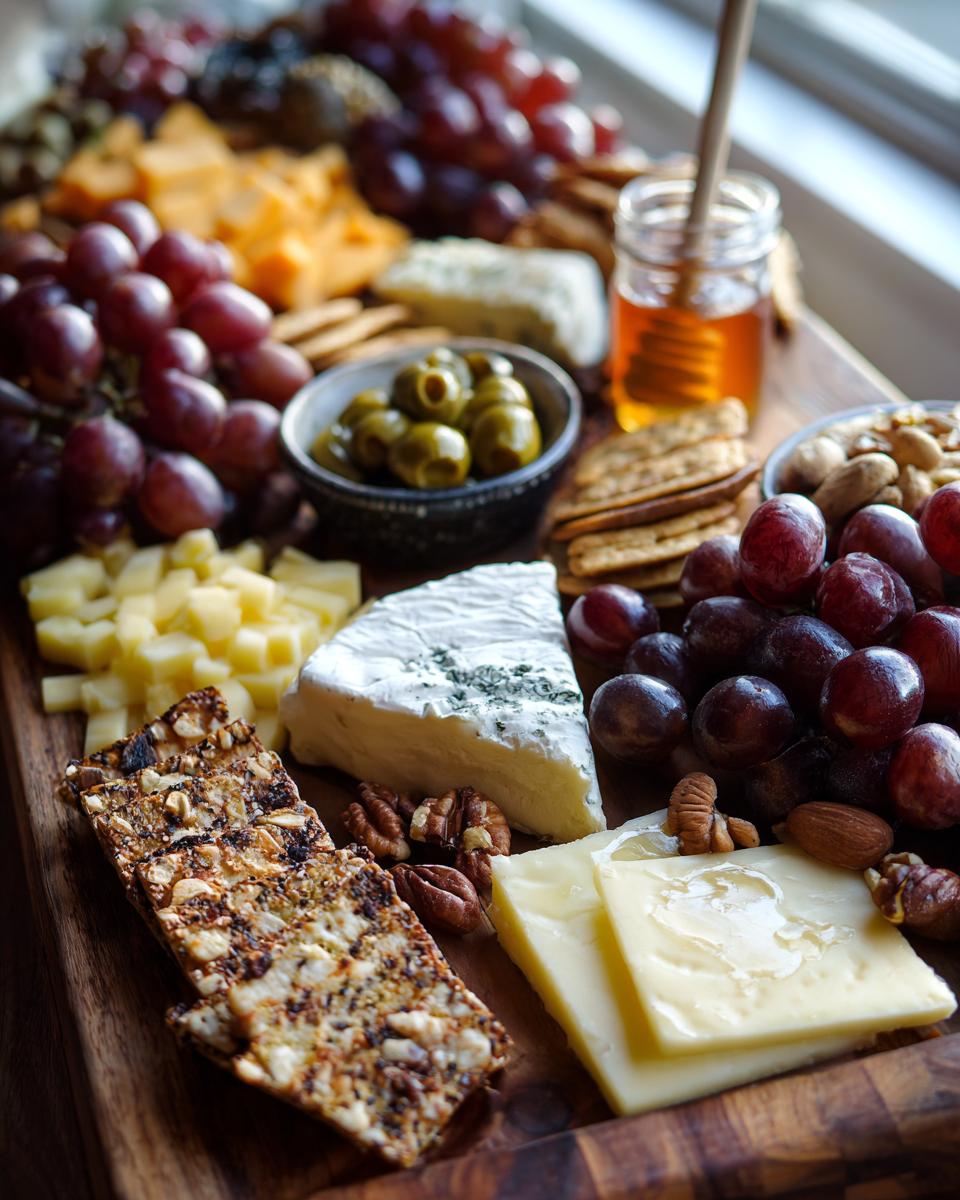 A beautifully arranged cheese board in 10 minutes featuring various cheeses, grapes, crackers, olives, nuts, and honey.
