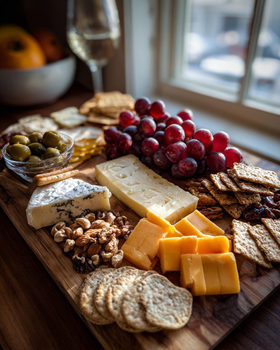 A beautiful and easy cheese board in 10 minutes featuring various cheeses, grapes, olives, nuts, and crackers.