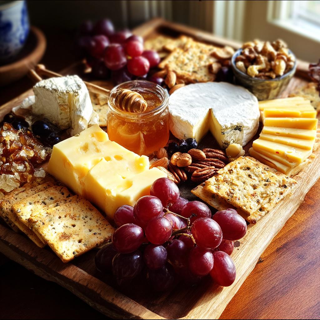 A beautiful and abundant cheese board in 10 minutes, featuring various cheeses, grapes, crackers, nuts, and honey.