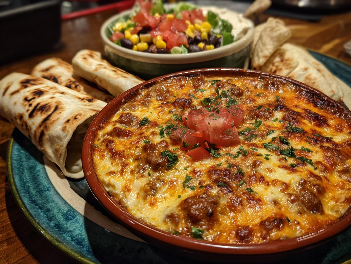 A bubbling cheesy dip with meat and herbs, served with toasted tortillas, perfect for NYE snacks.
