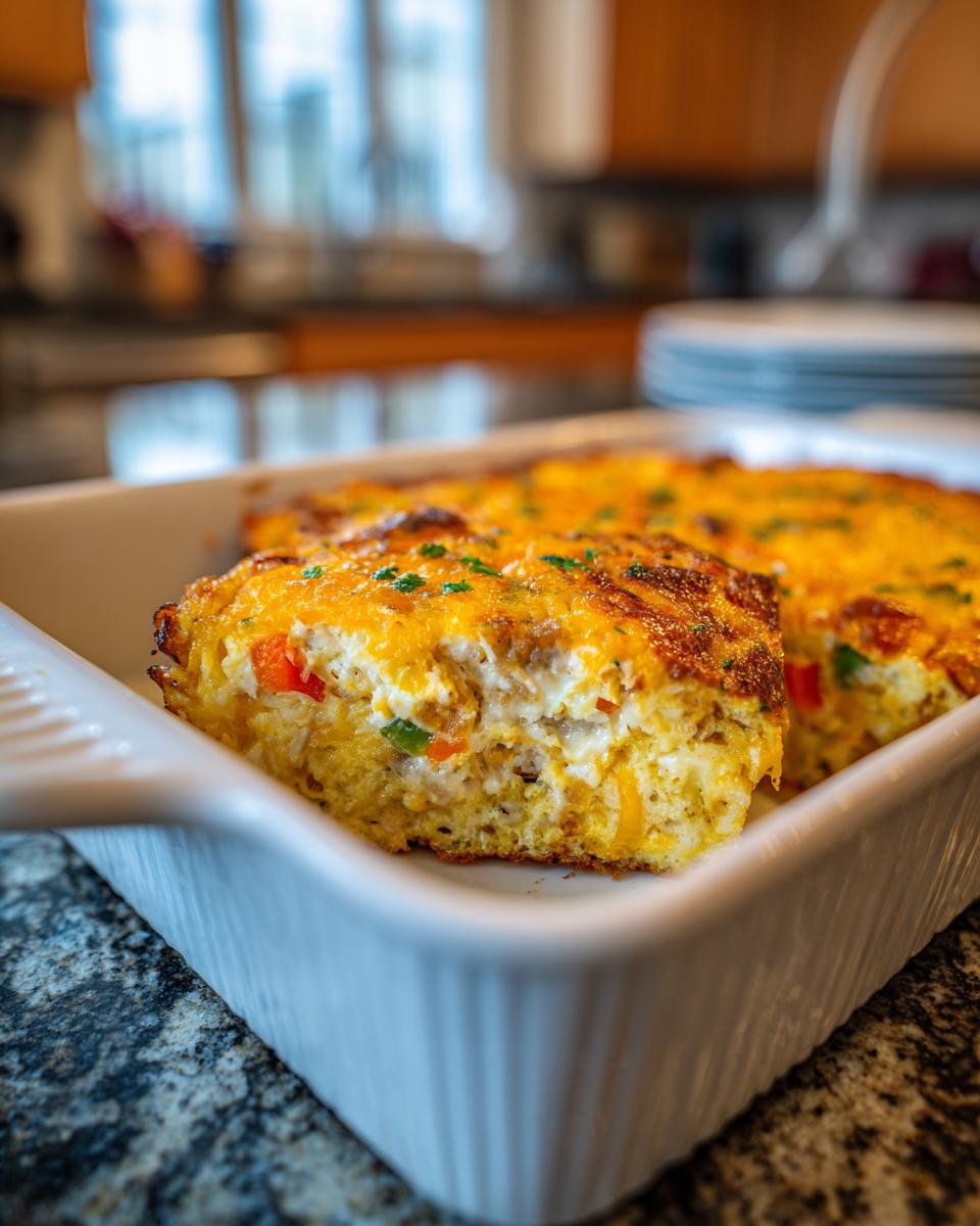 A close-up of a slice of Cheesy Hashbrown Breakfast Casserole in a white baking dish, showing layers of eggs, cheese, and vegetables.