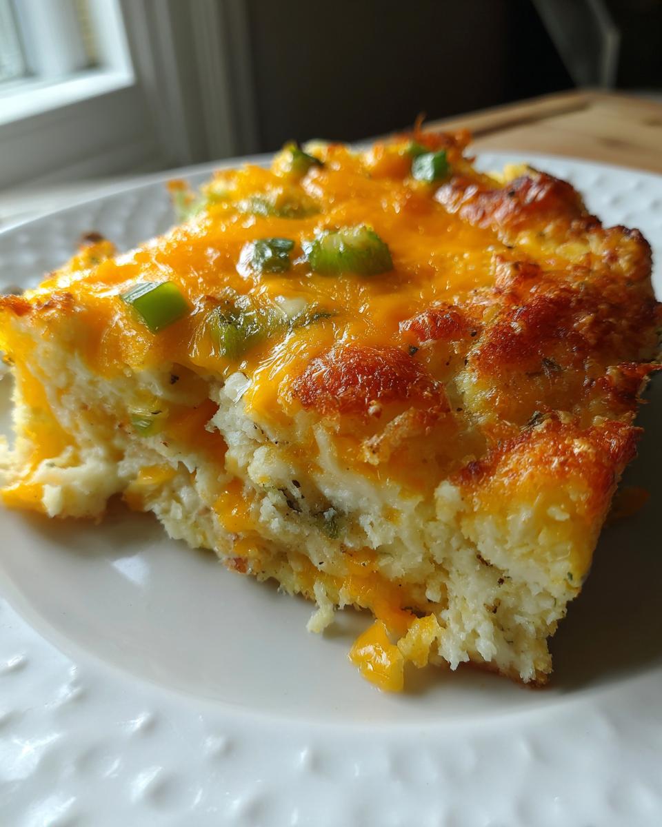 A delicious slice of Cheesy Hashbrown Breakfast Casserole topped with melted cheddar cheese and green peppers.