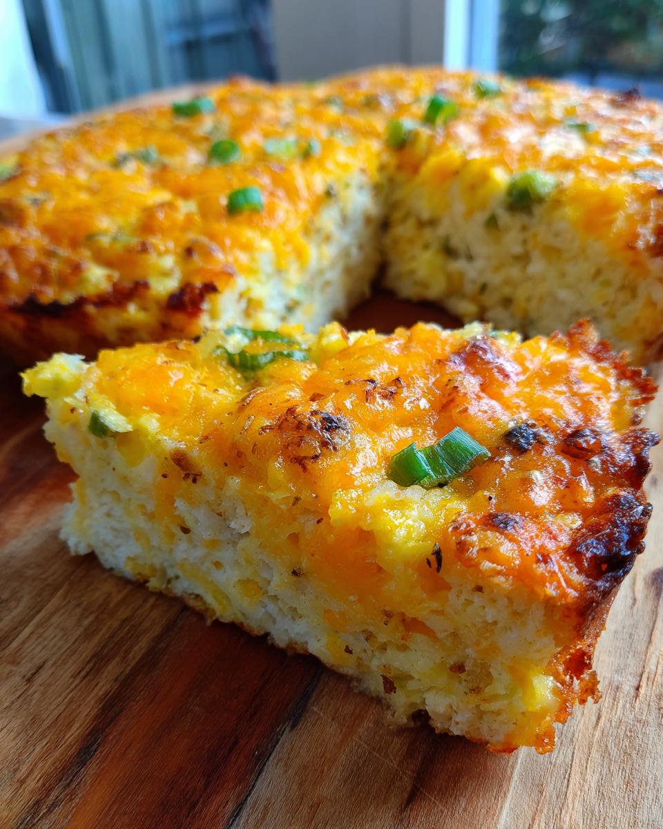 A slice of Cheesy Hashbrown Breakfast Casserole topped with melted cheddar cheese and green onions.