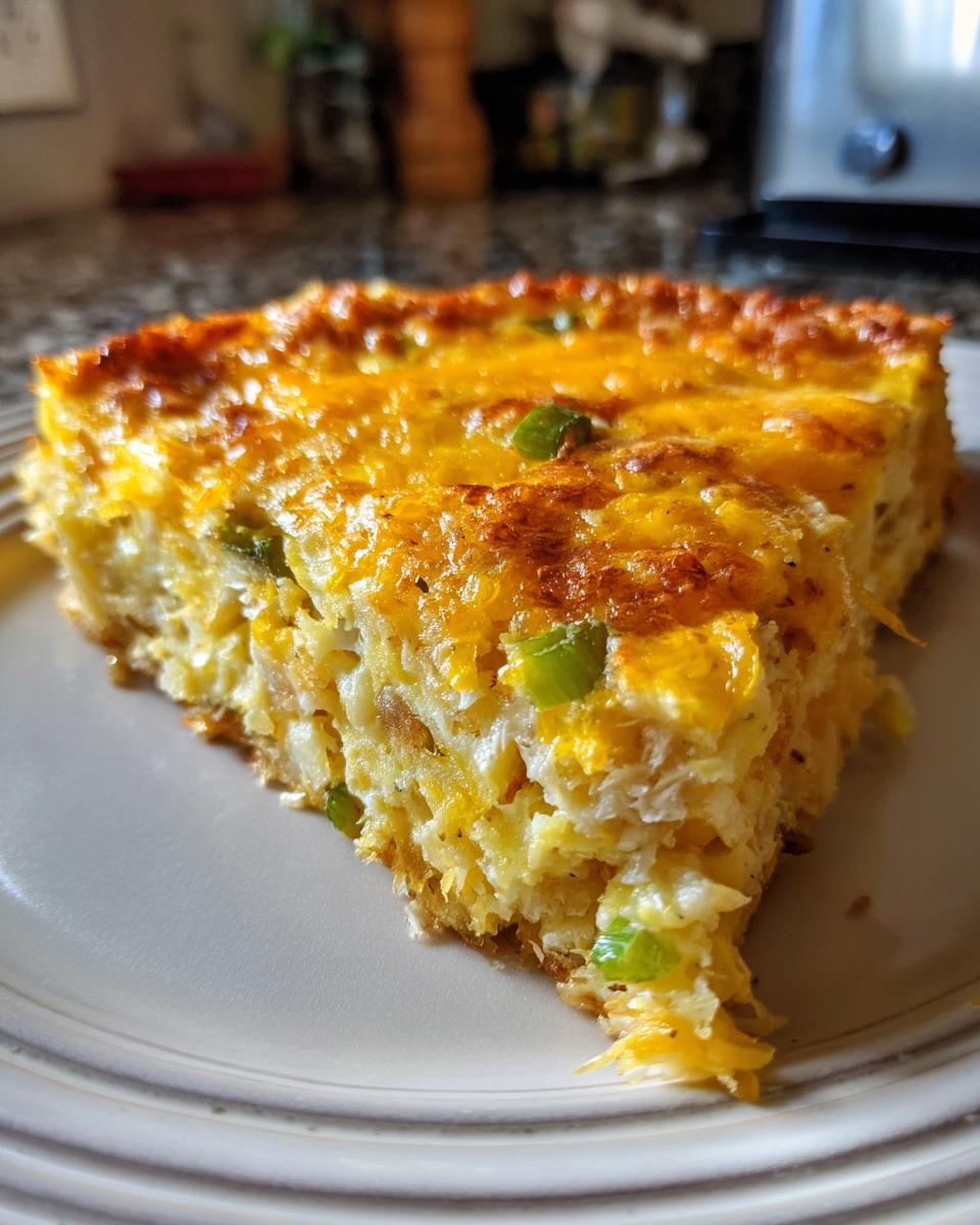 A slice of Cheesy Hashbrown Breakfast Casserole on a plate, featuring golden-brown melted cheese and green peppers.