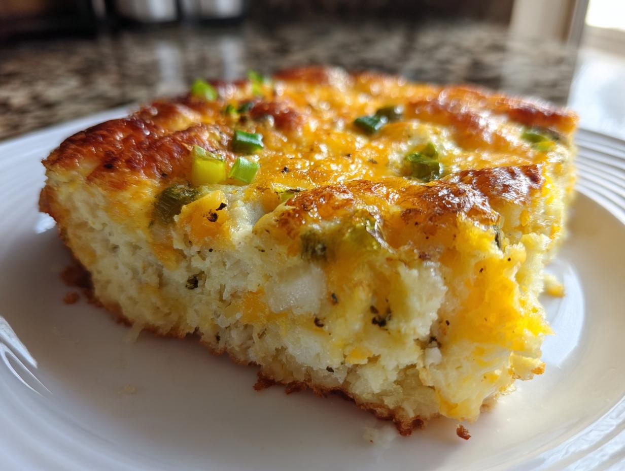 A delicious slice of Cheesy Hashbrown Breakfast Casserole, topped with melted cheese and green onions.