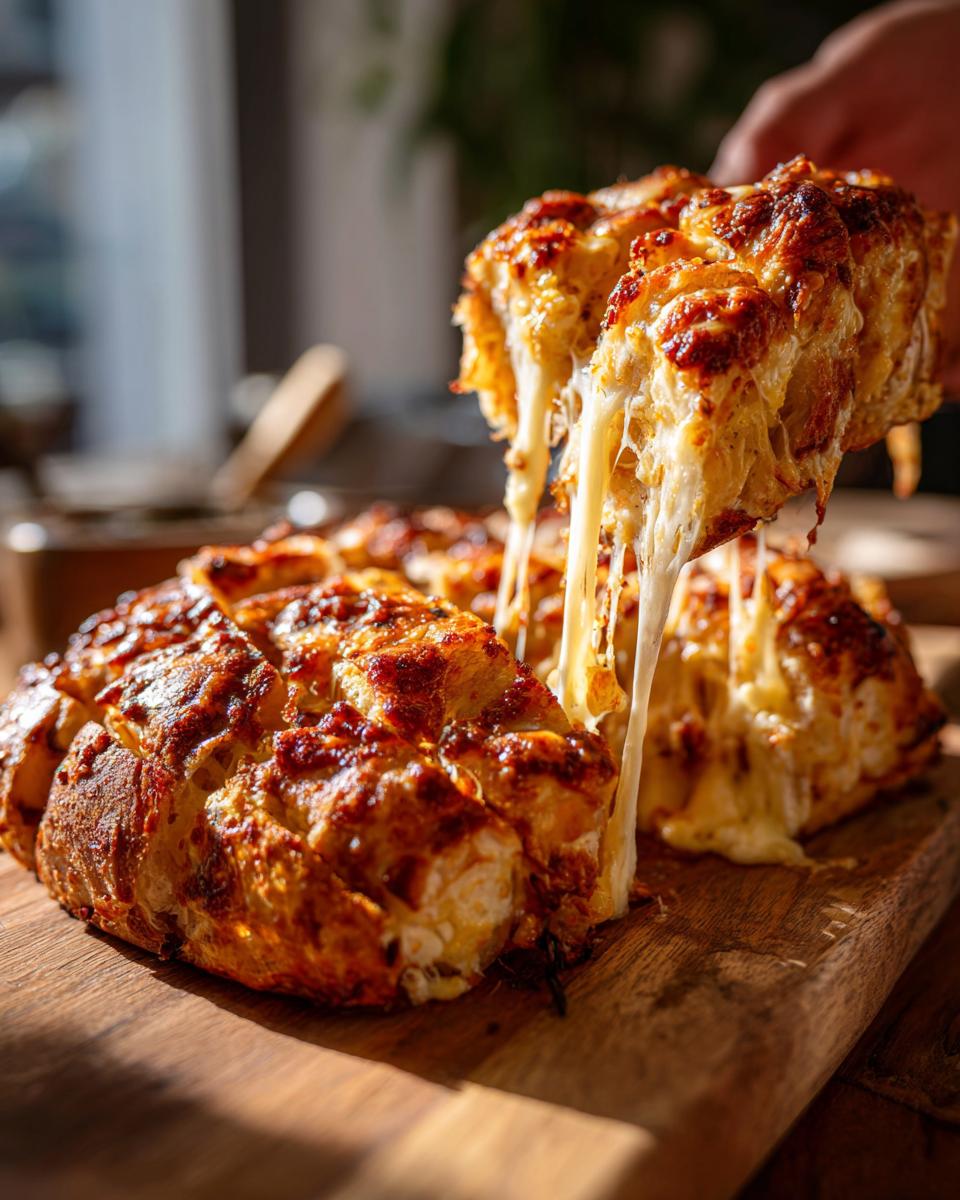 A piece of Cheesy Pull-Apart Bread is lifted, revealing long, stretchy strands of melted cheese.