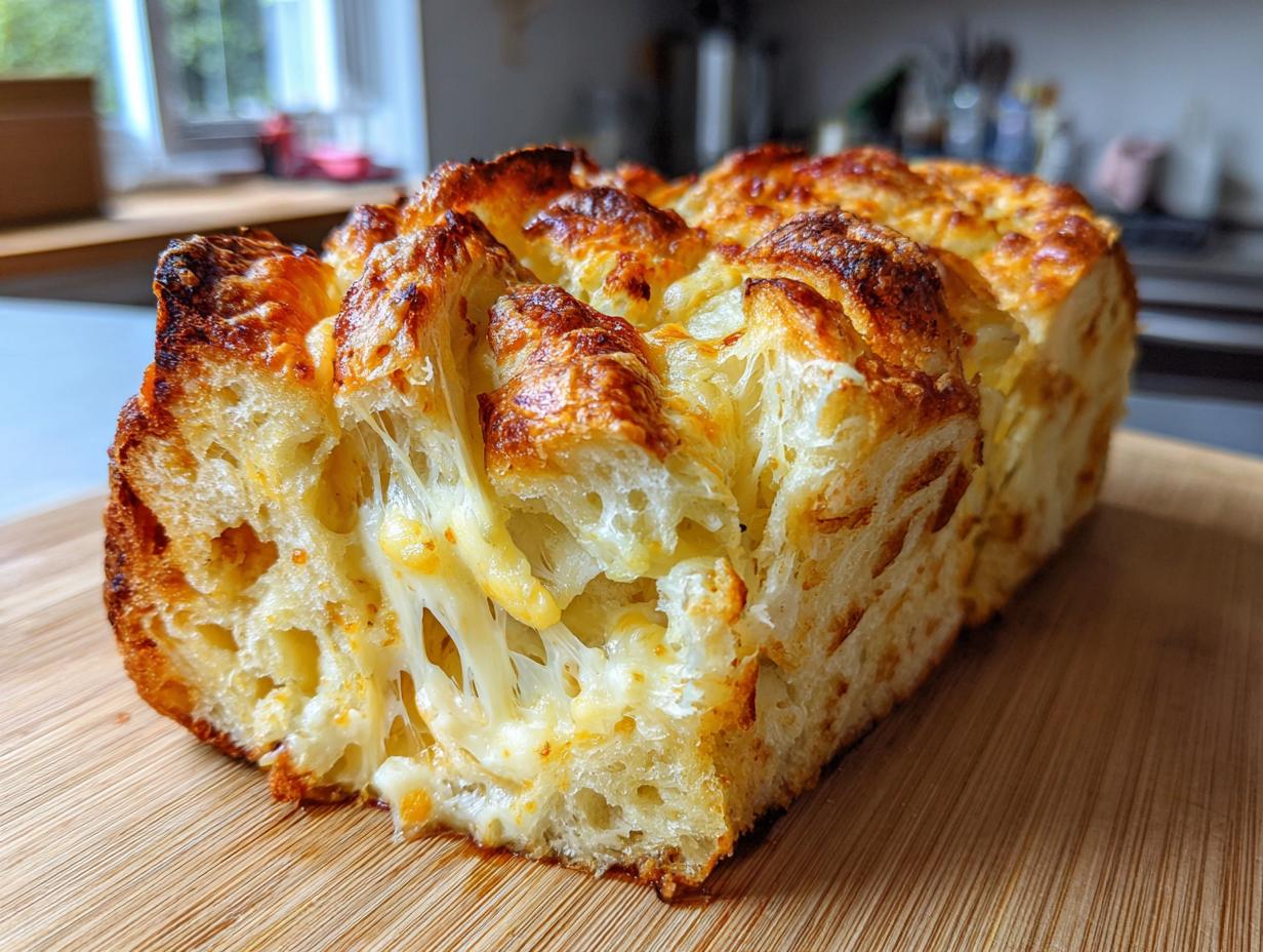 A close-up of Cheesy Pull-Apart Bread with melted cheese stretching out from the golden-brown crust.