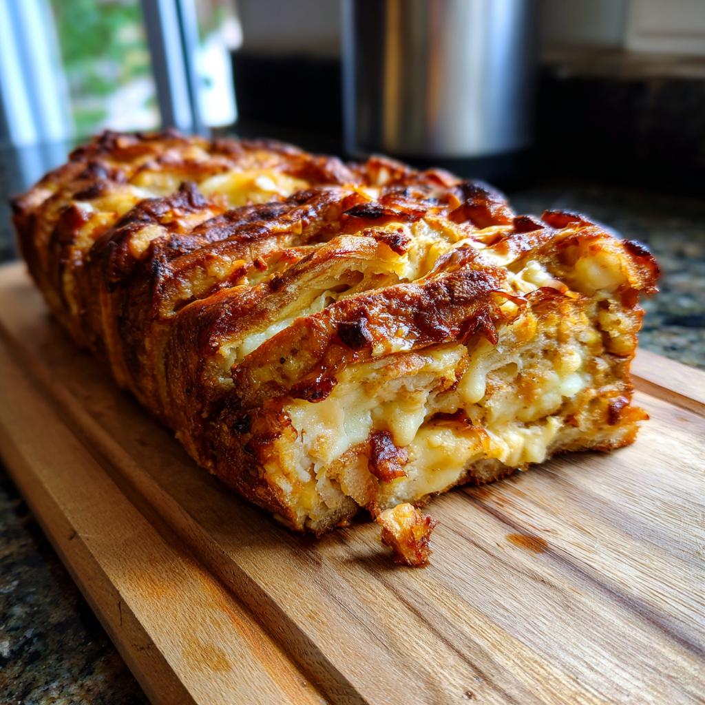 A golden-brown, baked loaf of Cheesy Pull-Apart Bread with melted cheese oozing out, resting on a wooden cutting board.