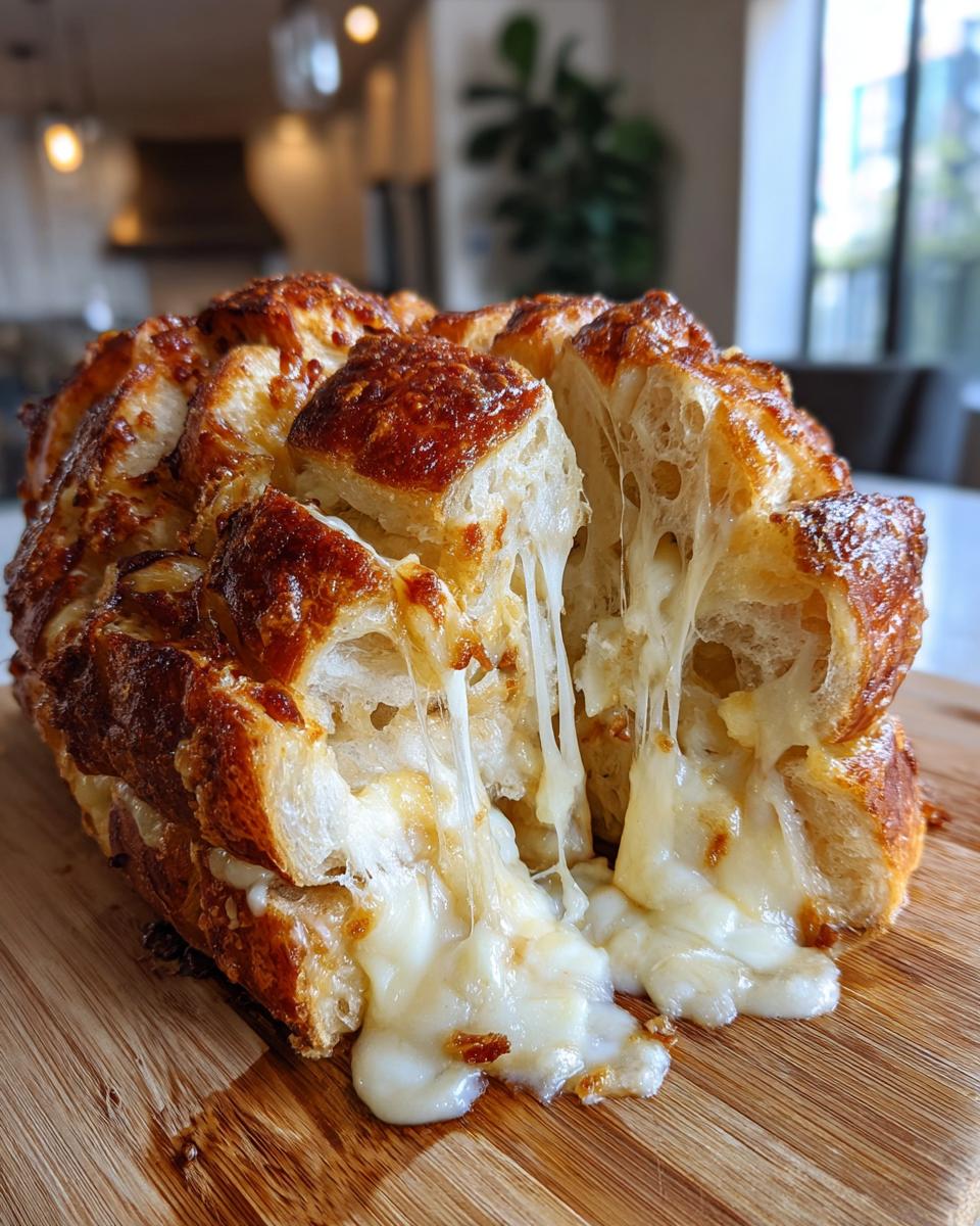 Close-up of Cheesy Pull-Apart Bread with gooey, melted cheese stretching between the bread pieces.