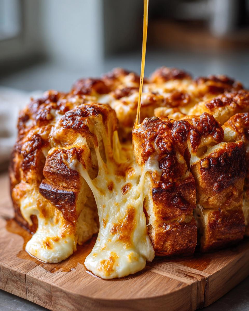 Close-up of Cheesy Pull-Apart Bread with melted cheese stretching as pieces are pulled apart.
