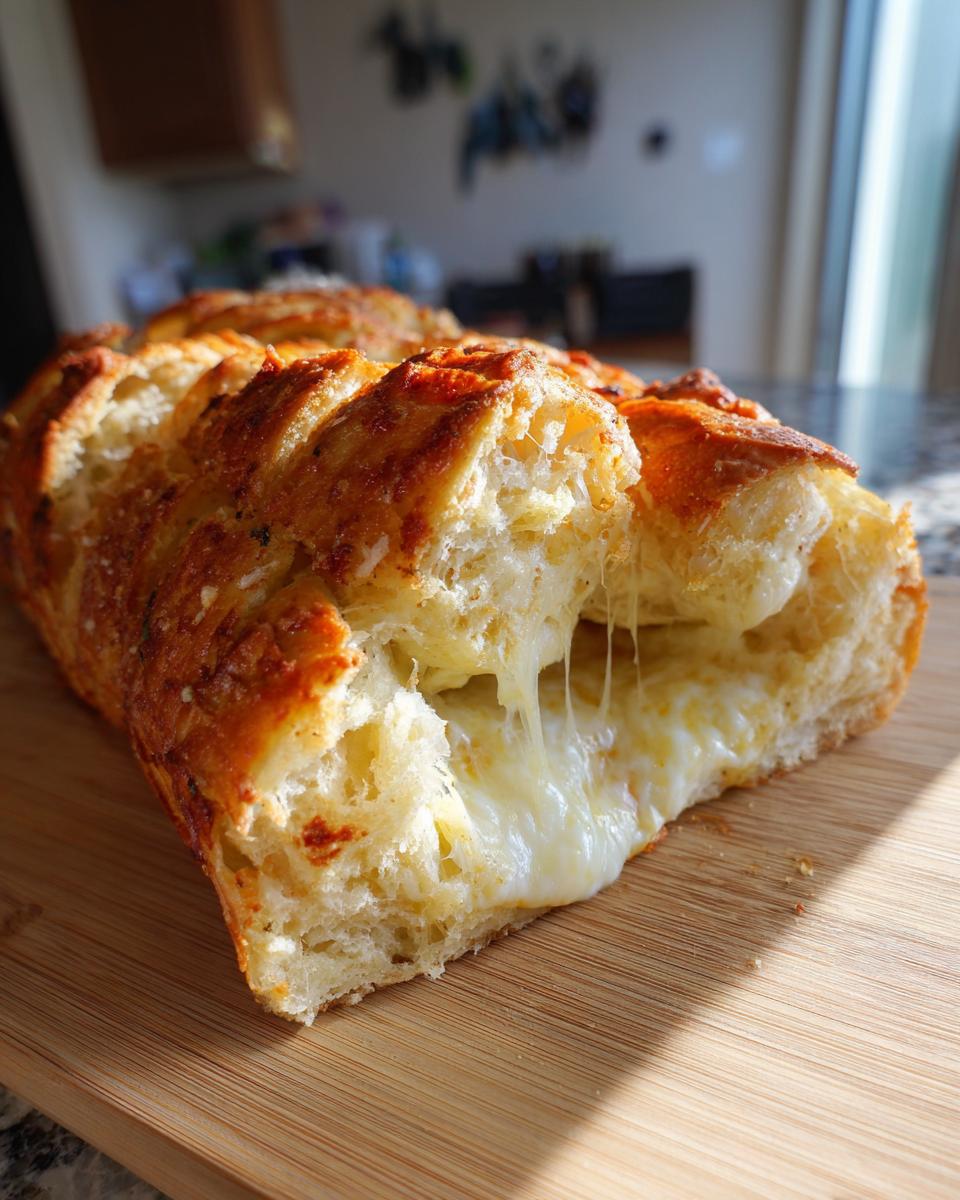 A close-up of Cheesy Pull-Apart Bread with melted cheese stretching out from the slices.