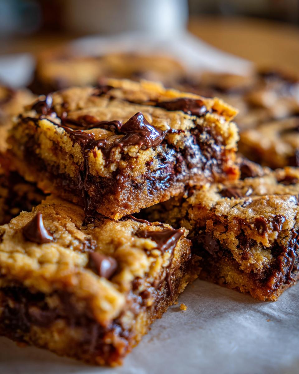 Close-up of rich chocolate chip bar cookies, perfect for a crowd, with gooey melted chocolate.