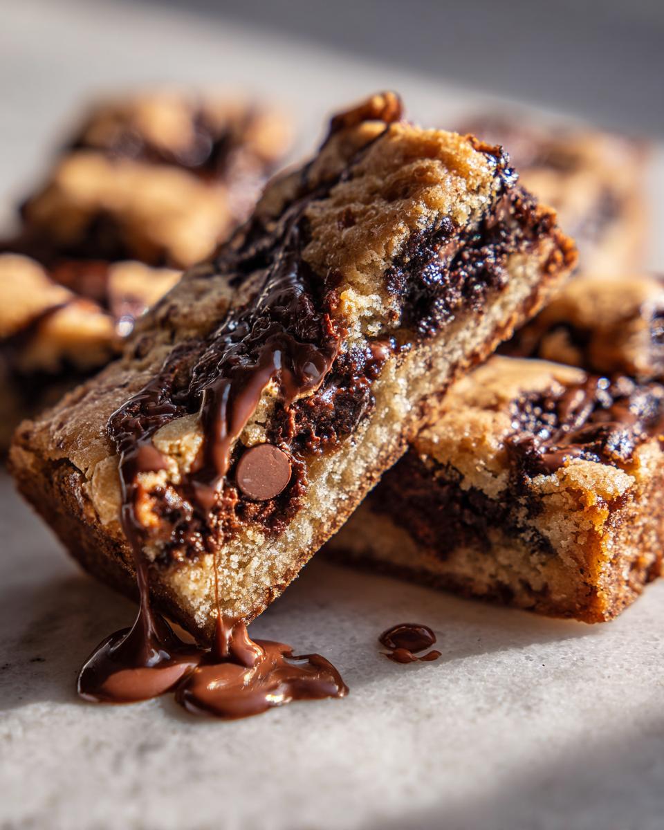 Close-up of rich chocolate chip bar cookies for a crowd, with melted chocolate dripping.