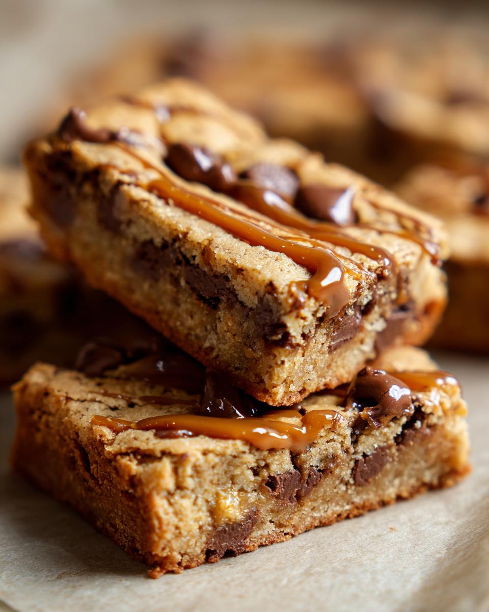Close-up of stacked chocolate chip caramel bar cookies, drizzled with caramel sauce, perfect for a crowd.
