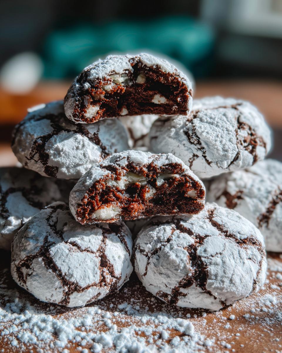 A stack of rich Chocolate Crinkle Cookies dusted with powdered sugar, one cookie broken in half to show the fudgy interior.