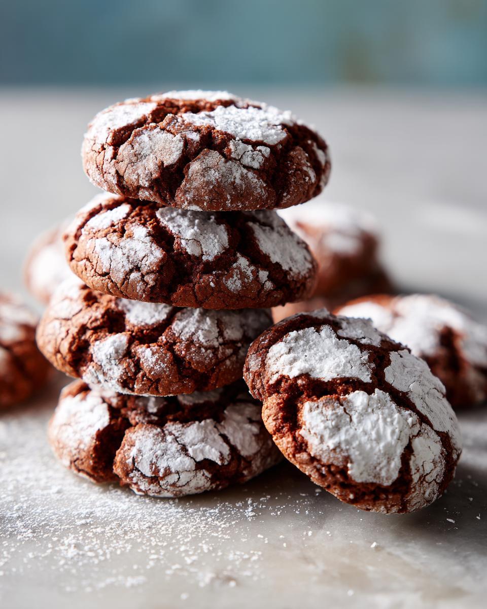 A close-up stack of decadent Chocolate Crinkle Cookies, generously dusted with powdered sugar, showcasing their signature cracked texture.