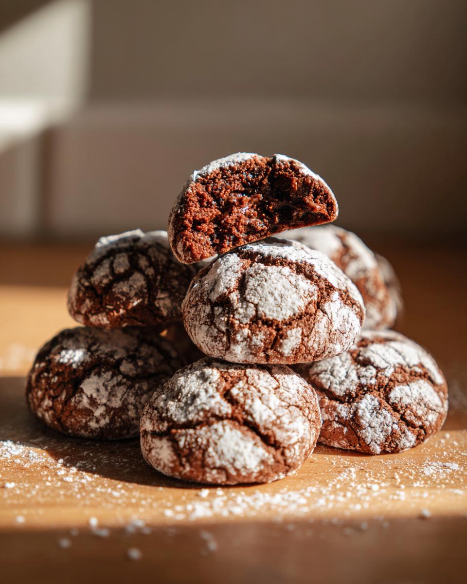 A stack of powdered Chocolate Crinkle Cookies with one cookie broken in half to show the rich chocolate interior.