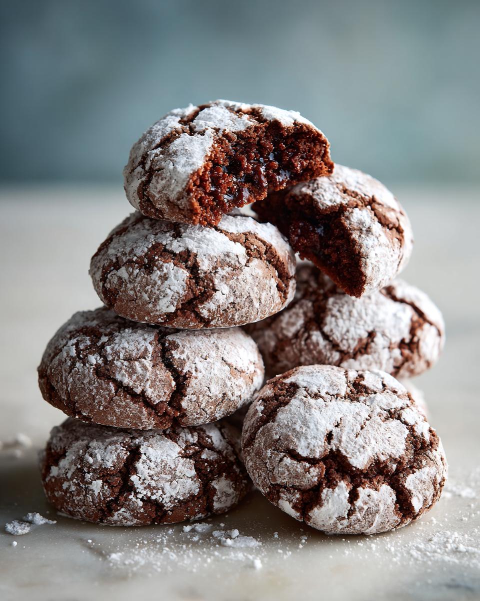 A stack of rich Chocolate Crinkle Cookies, dusted with powdered sugar, with one cookie broken open to reveal a gooey center.