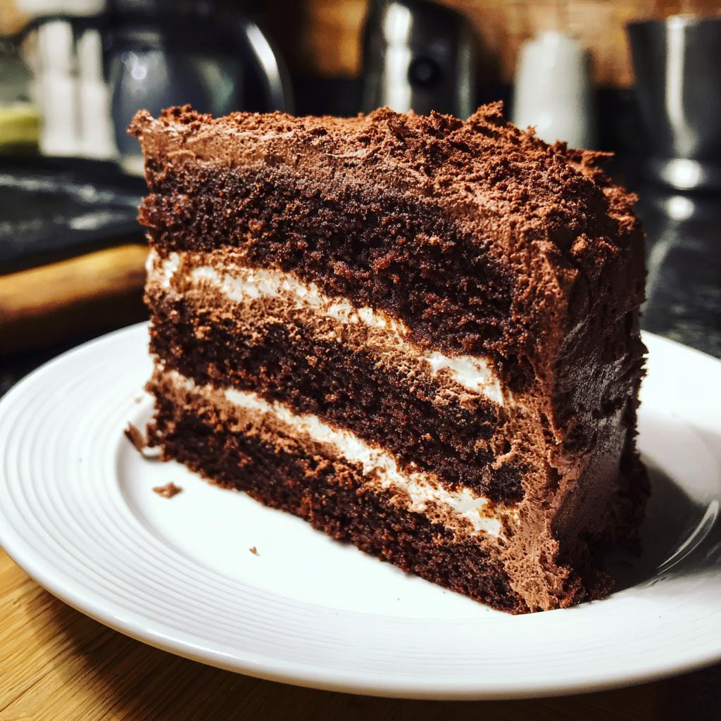 A decadent slice of Chocolate Mousse Layer Cake with rich chocolate cake and creamy white filling.