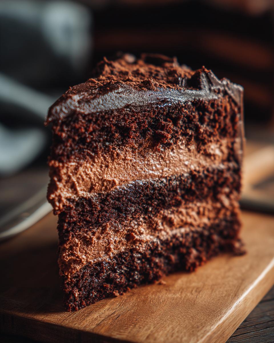 A decadent slice of Chocolate Mousse Layer Cake with rich chocolate cake and smooth mousse filling.