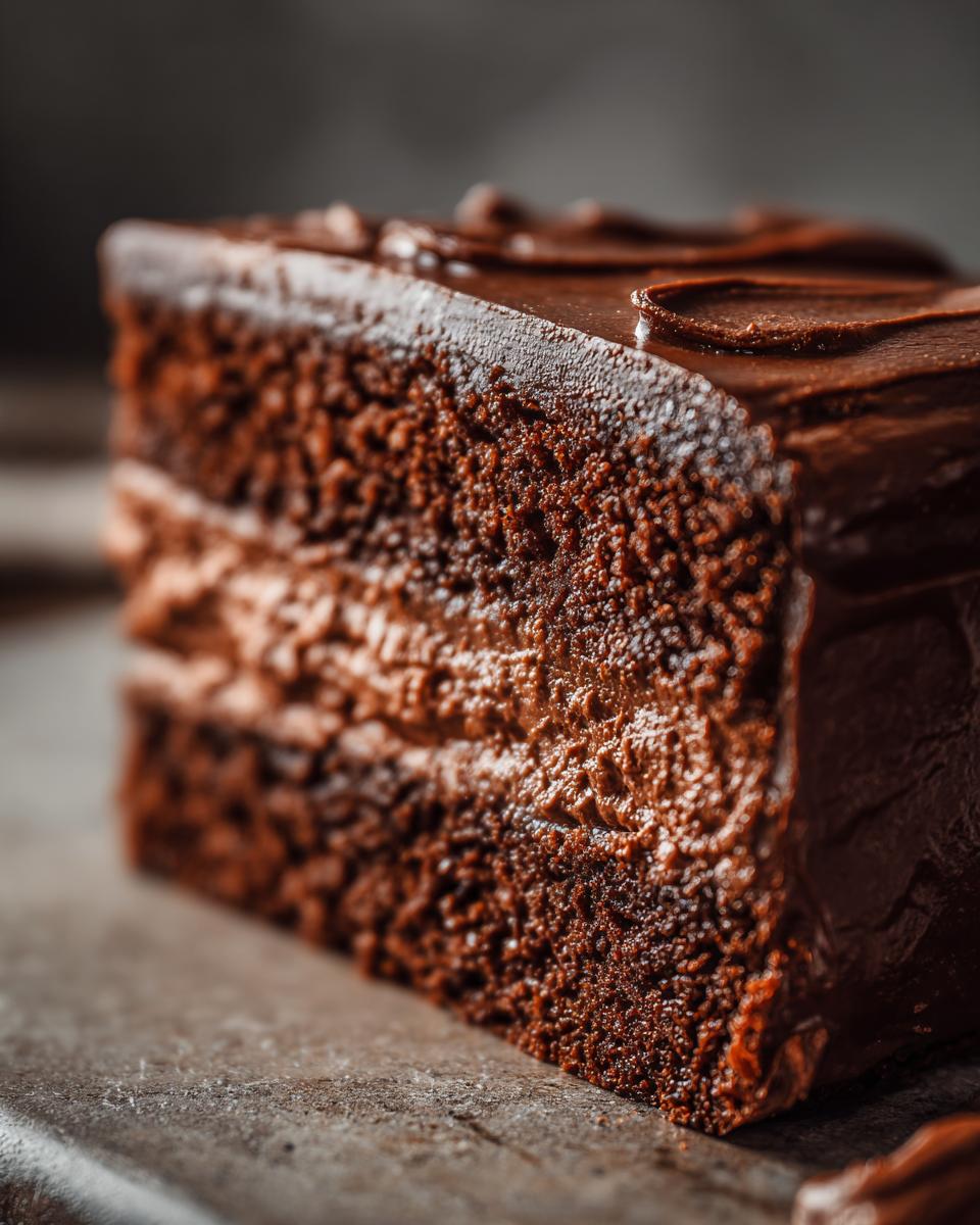 A close-up view of a decadent slice of Chocolate Mousse Layer Cake, showcasing its moist crumb and creamy chocolate layers.