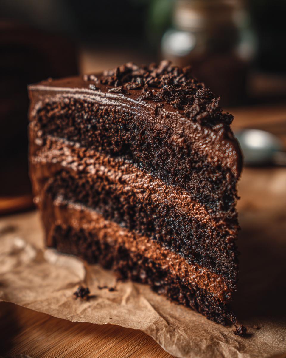 A rich slice of Chocolate Mousse Layer Cake, showcasing layers of dark chocolate cake and smooth mousse, topped with chocolate shavings.