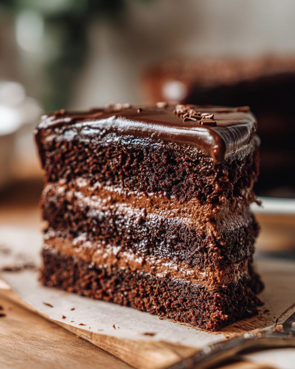 A rich slice of Chocolate Mousse Layer Cake with layers of dark chocolate cake and smooth mousse filling, topped with chocolate ganache.