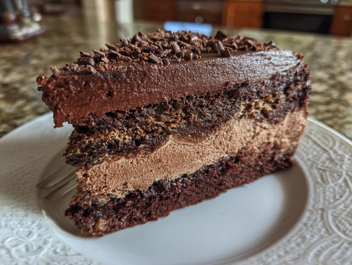 A rich slice of Chocolate Mousse Layer Cake with three distinct layers and chocolate shavings on top.