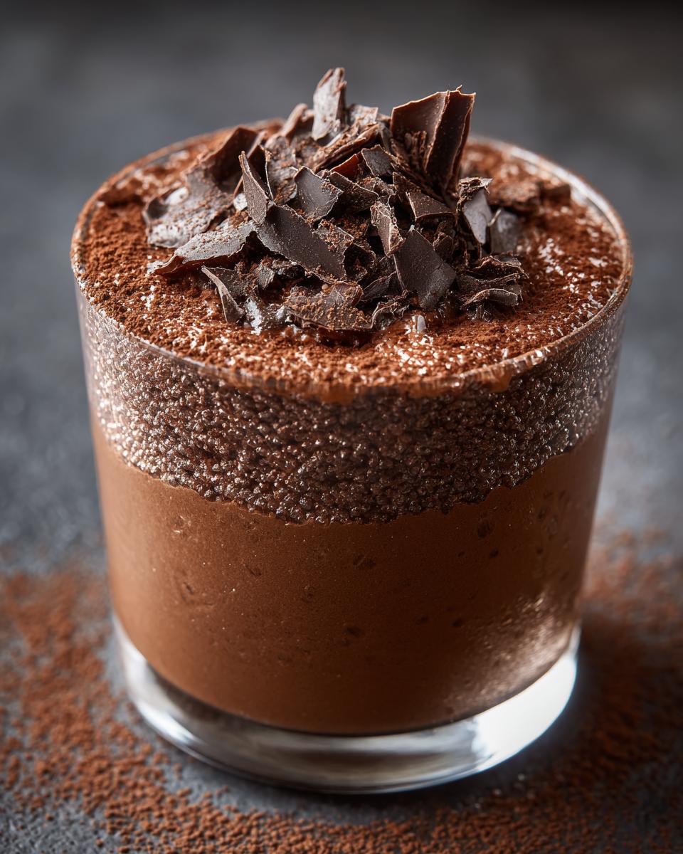 A decadent Chocolate Mousse (Make-Ahead Dessert) in a glass, topped with chocolate shavings and cocoa powder.