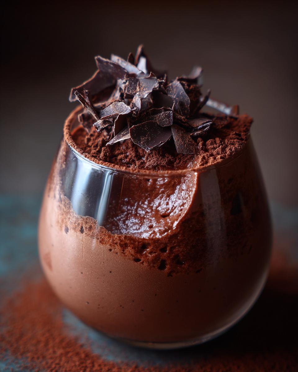 A decadent Chocolate Mousse dessert served in a glass, topped with chocolate shavings and cocoa powder.