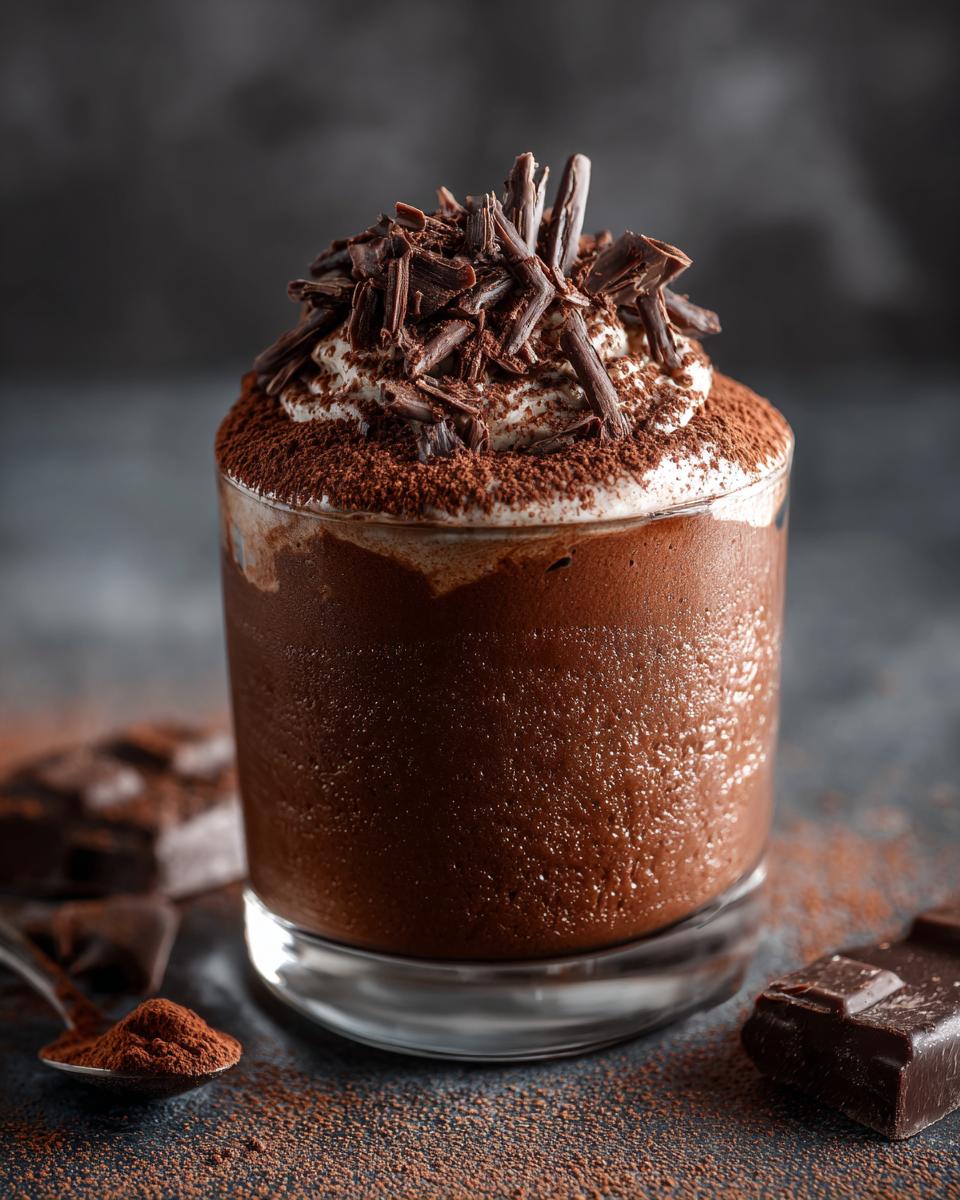 A decadent Chocolate Mousse dessert in a glass, topped with whipped cream and dark chocolate shavings.