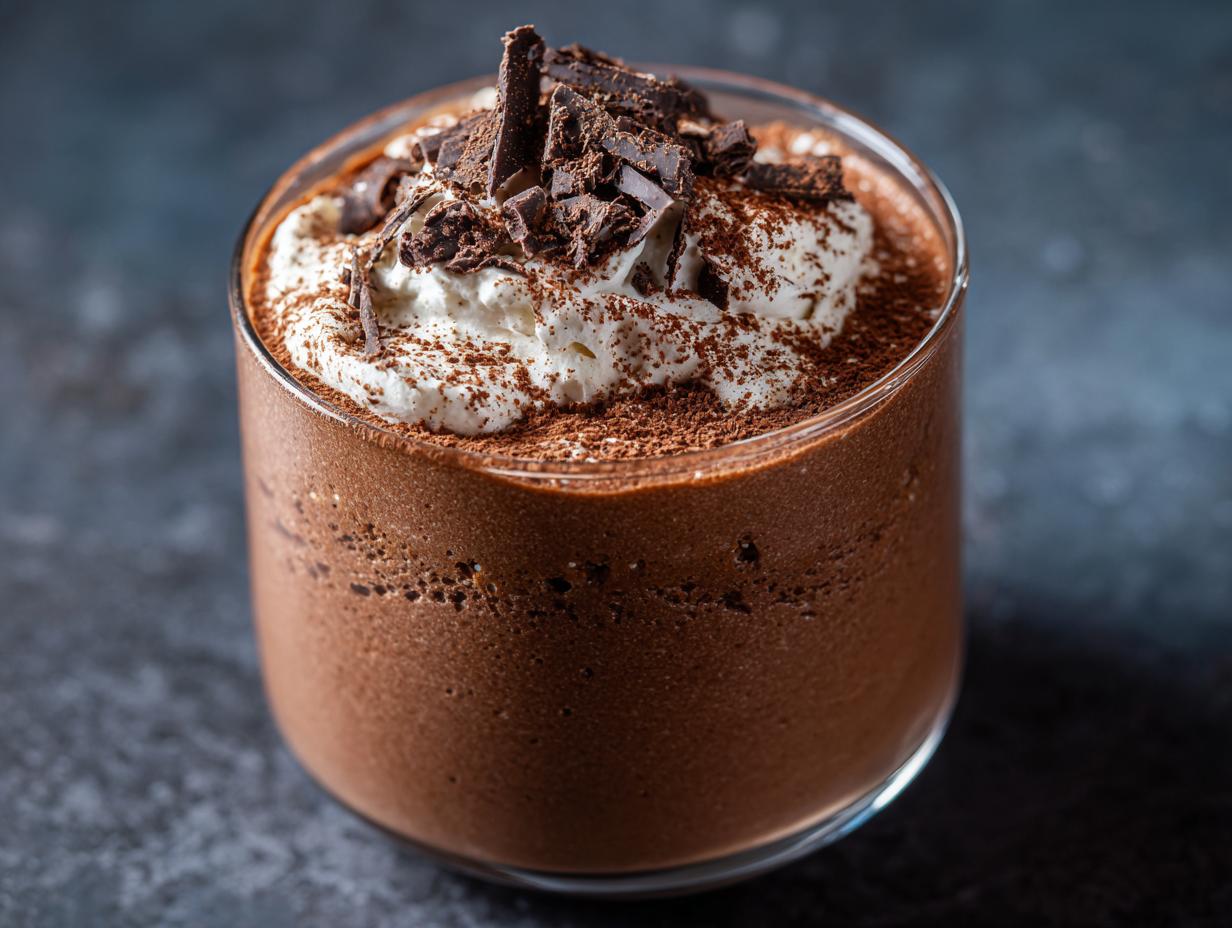 A decadent Chocolate Mousse dessert served in a glass, topped with whipped cream and chocolate shavings.