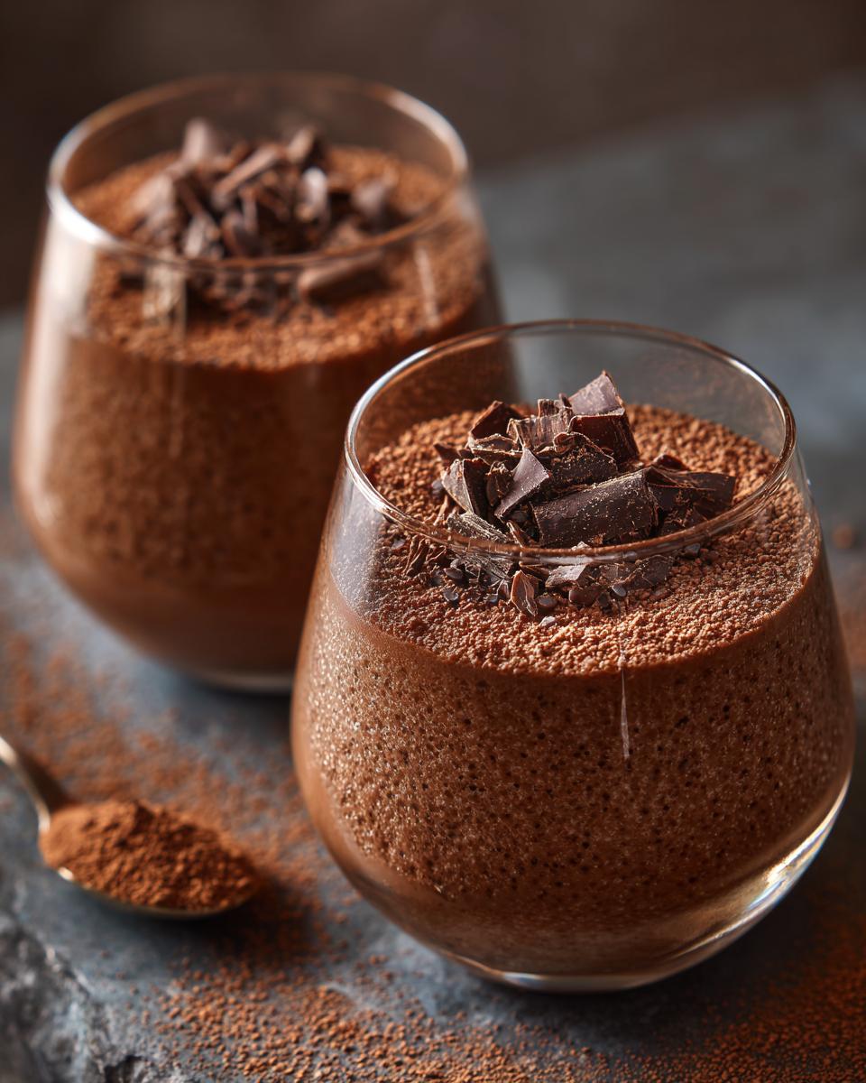 Two glasses filled with rich Chocolate Mousse (Make-Ahead Dessert), topped with chocolate shavings and cocoa powder.