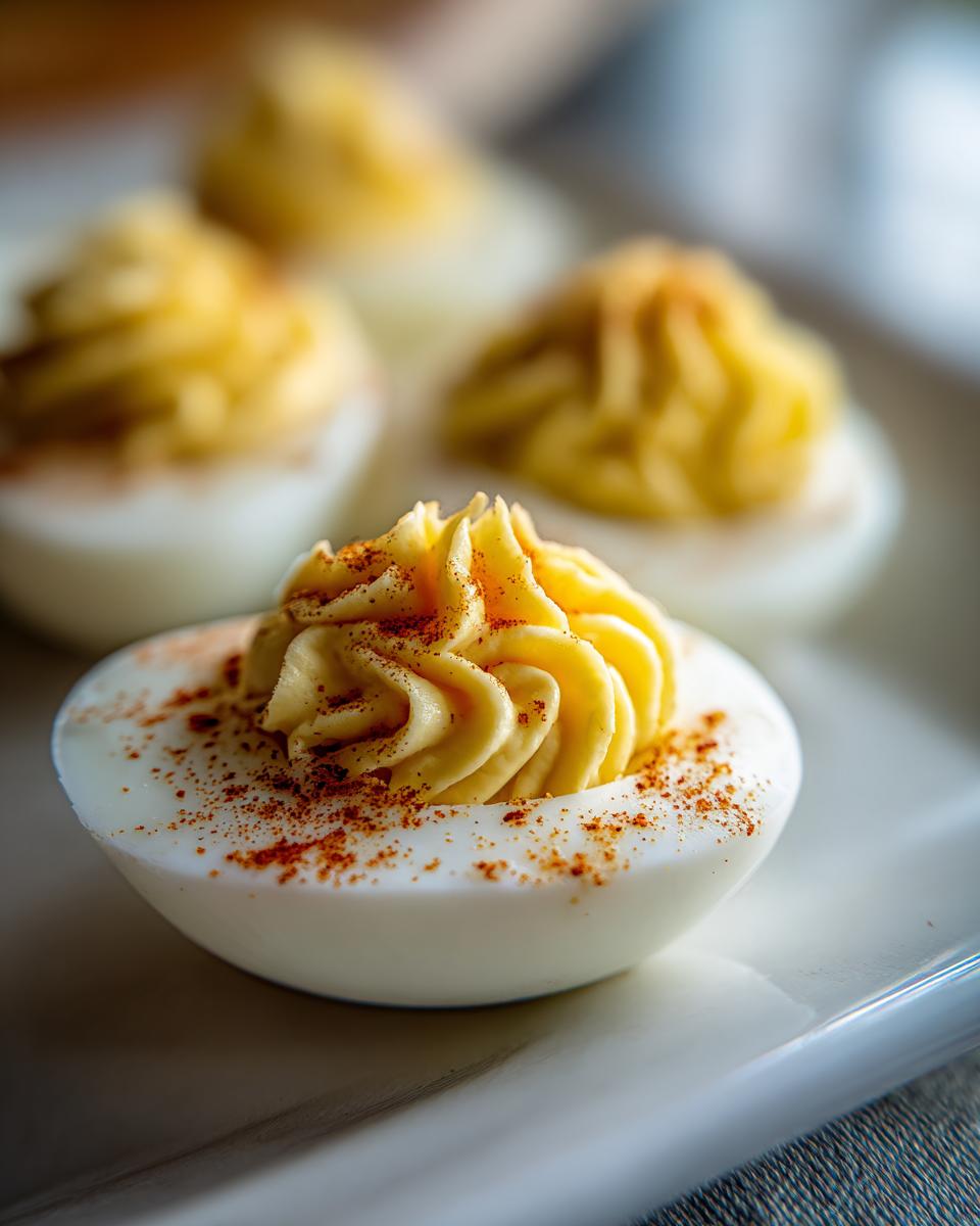 Close-up of a Classic Deviled Egg, piped with creamy filling and dusted with paprika.