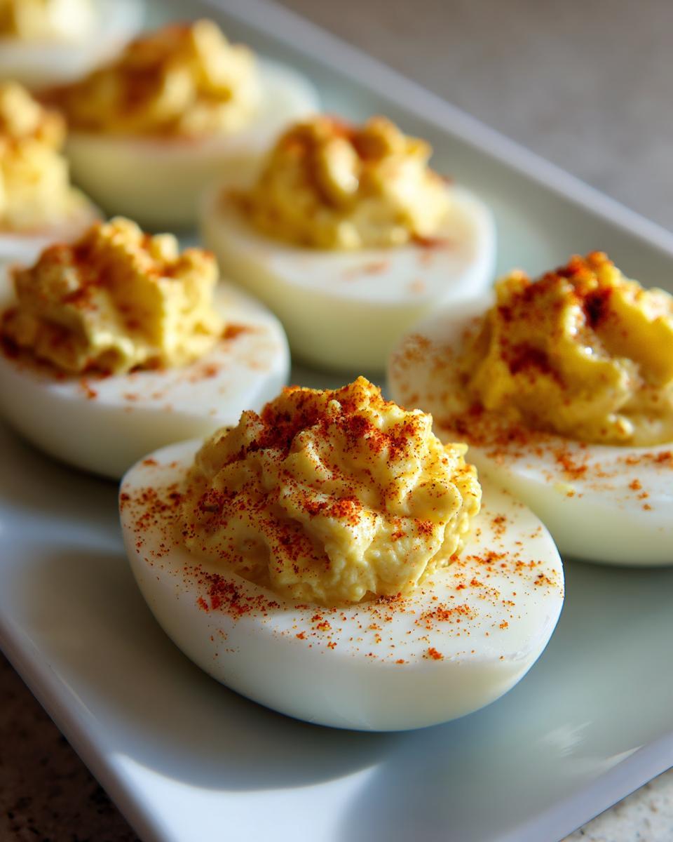A close-up of several Classic Deviled Eggs arranged on a white platter, sprinkled with paprika.