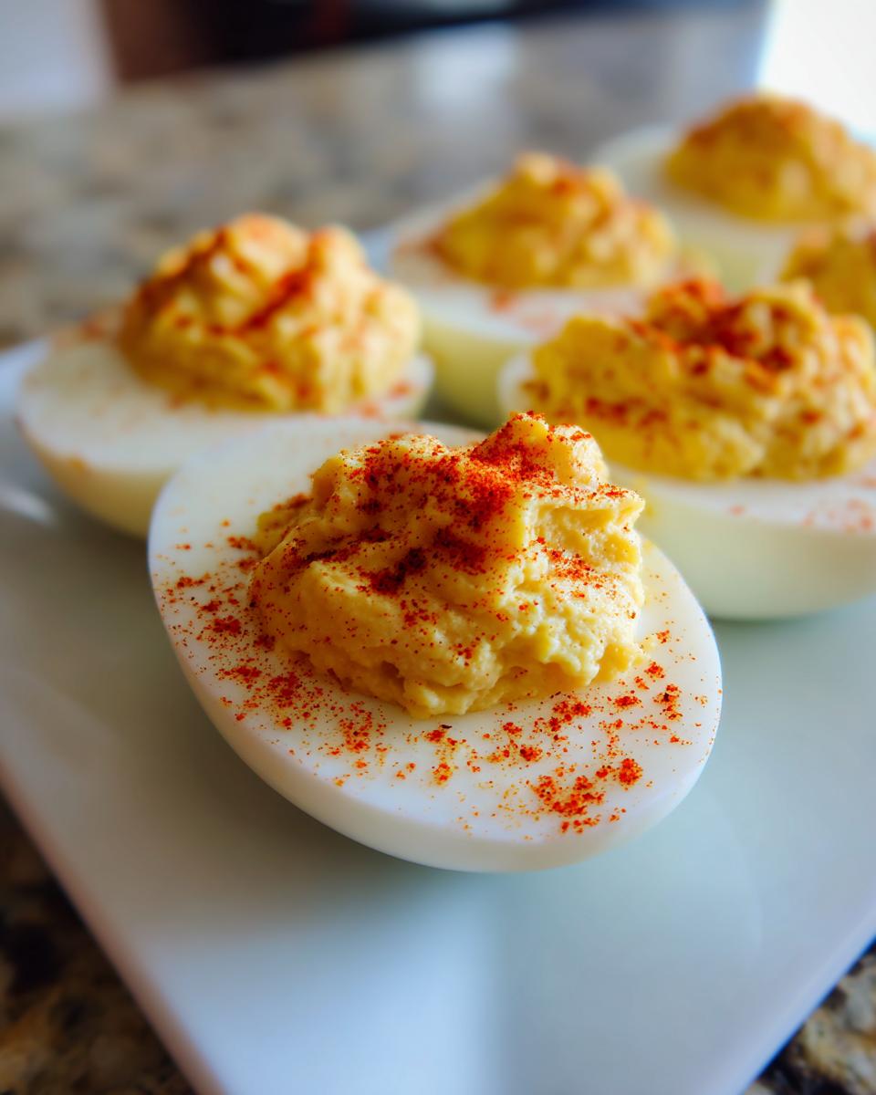 Close-up of Classic Deviled Eggs topped with creamy filling and a sprinkle of paprika on a white plate.