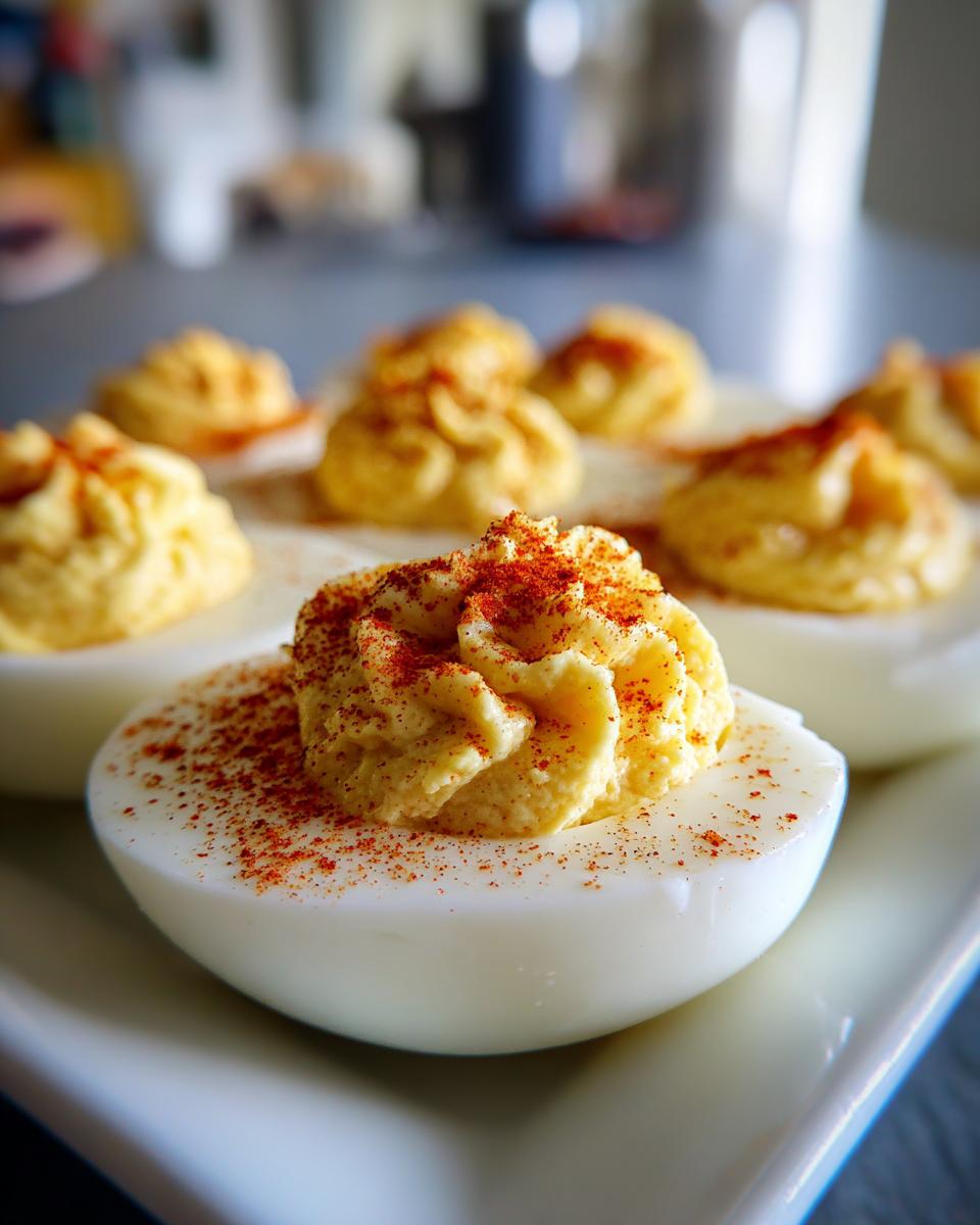 Close-up of Classic Deviled Eggs, perfectly piped with creamy filling and a dusting of paprika.