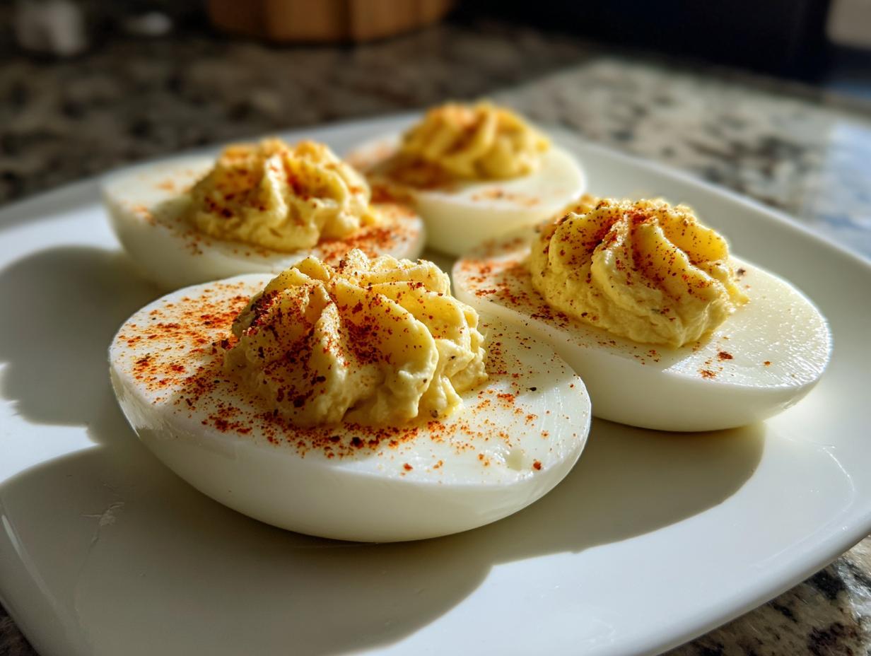 Four Classic Deviled Eggs arranged on a white plate, sprinkled with paprika.