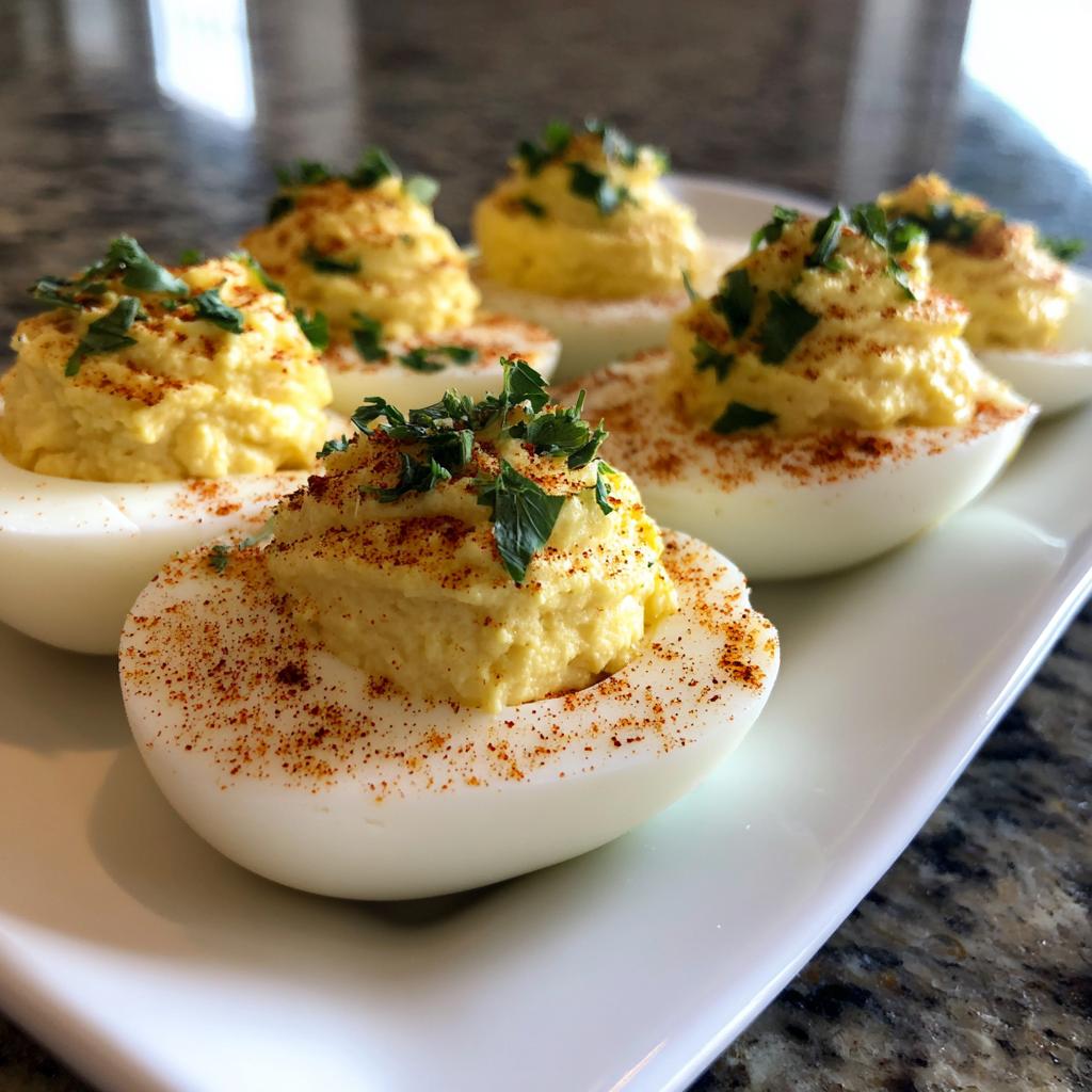 A platter of Classic Deviled Eggs, generously filled and topped with paprika and fresh parsley.