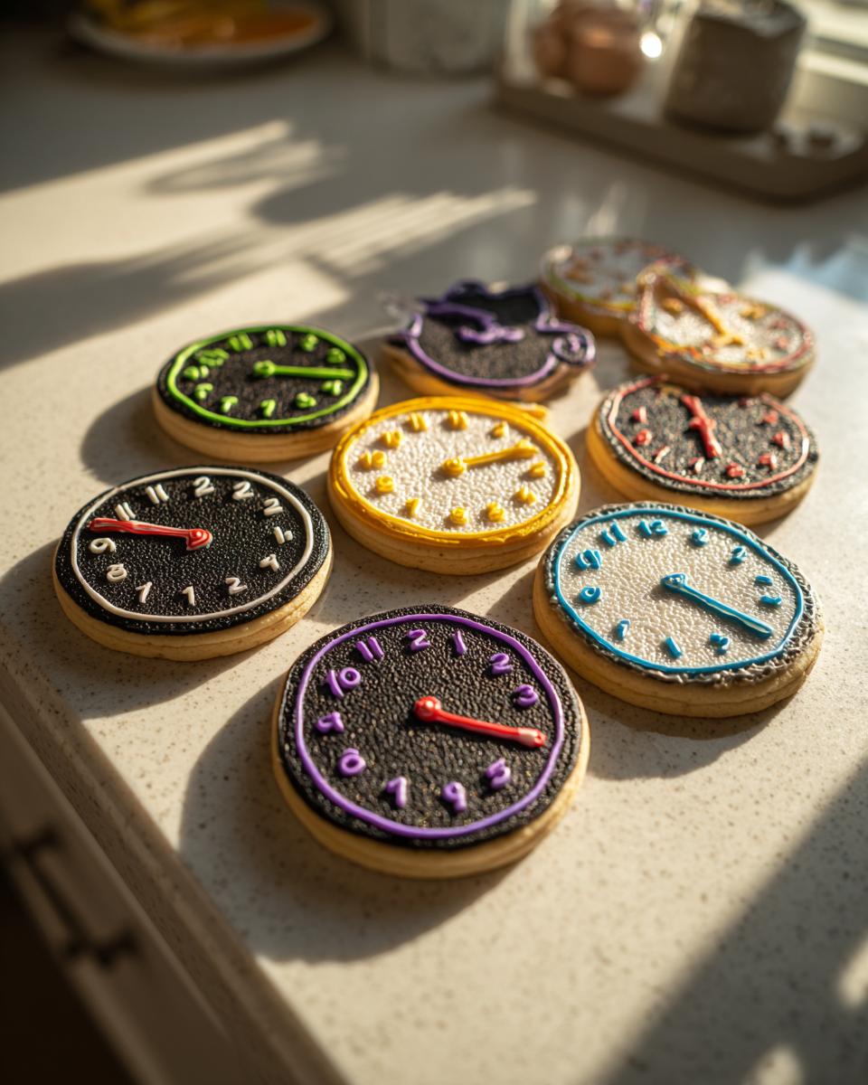 A variety of decorated Clock Face Countdown Cookies with different colored icing and clock designs.