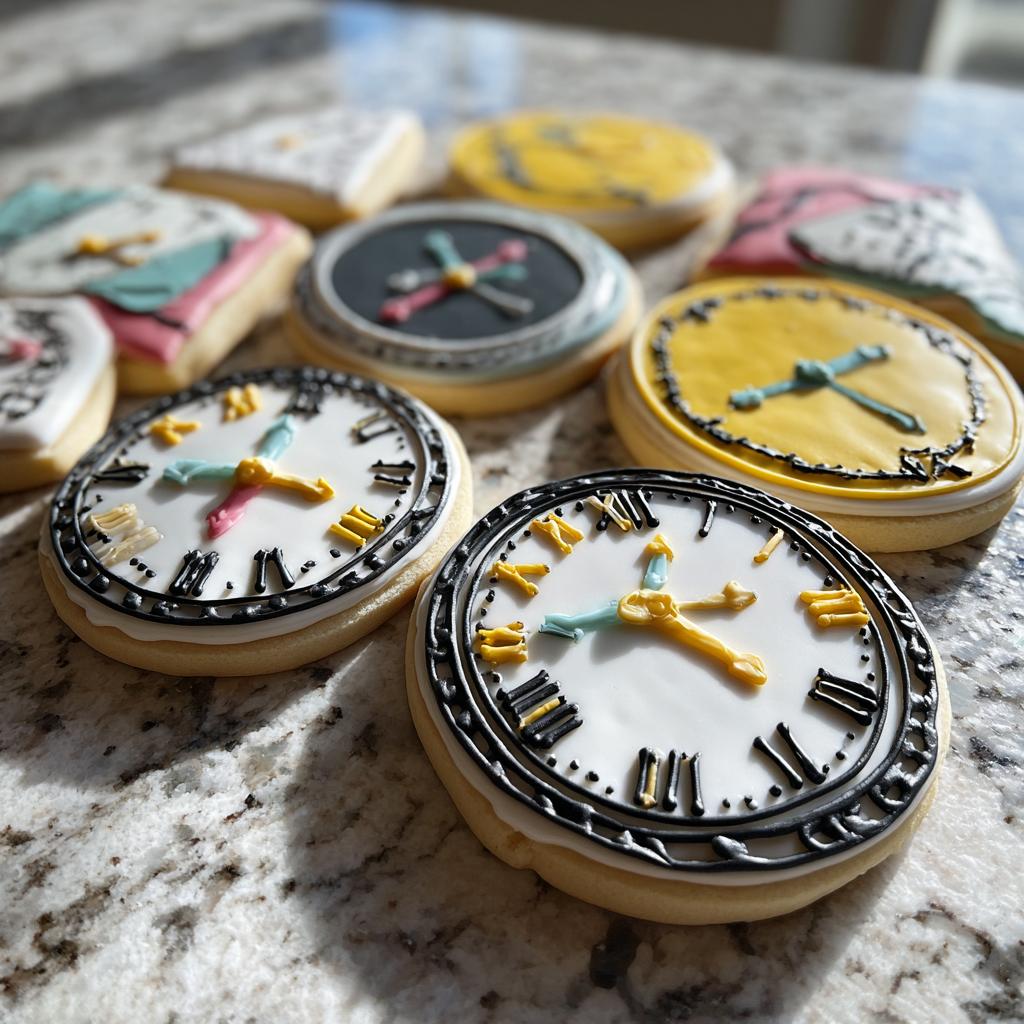 A variety of decorated Clock Face Countdown Cookies, each designed like a clock with Roman numerals and colorful hands.