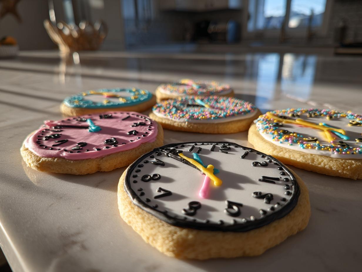 Several decorated Clock Face Countdown Cookies with icing and sprinkles arranged on a marble countertop.