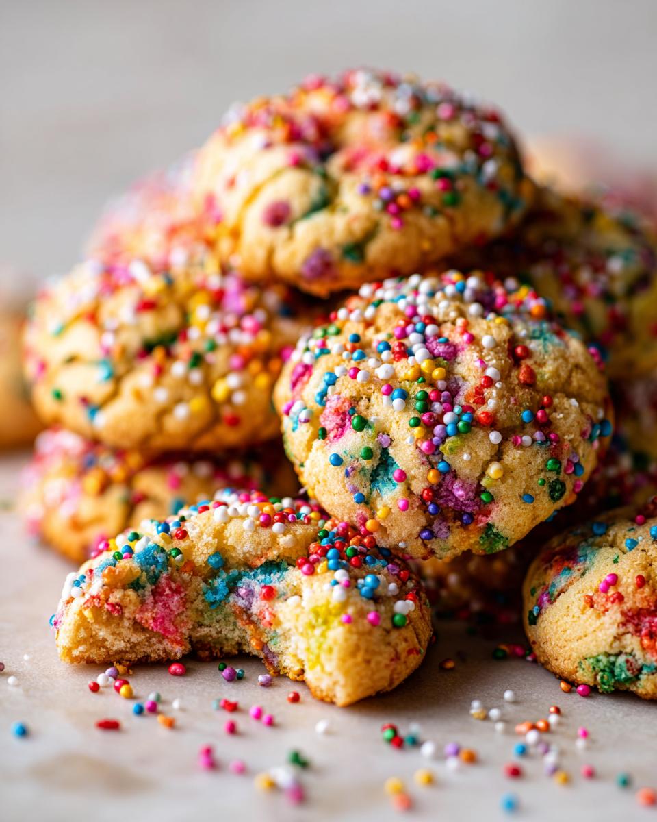 A close-up of a stack of delicious Confetti Sprinkle Cookies, one of which is bitten into, revealing a colorful interior.