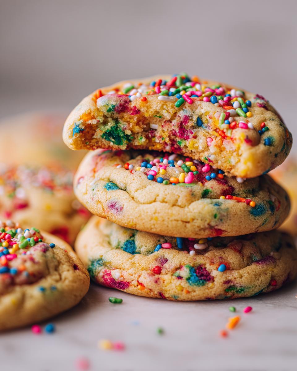 A stack of three homemade Confetti Sprinkle Cookies, with the top cookie broken to show the soft interior and colorful sprinkles.