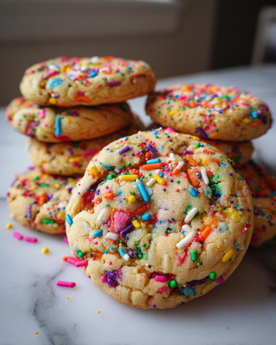 A close-up stack of freshly baked Confetti Sprinkle Cookies, generously coated with colorful sprinkles.