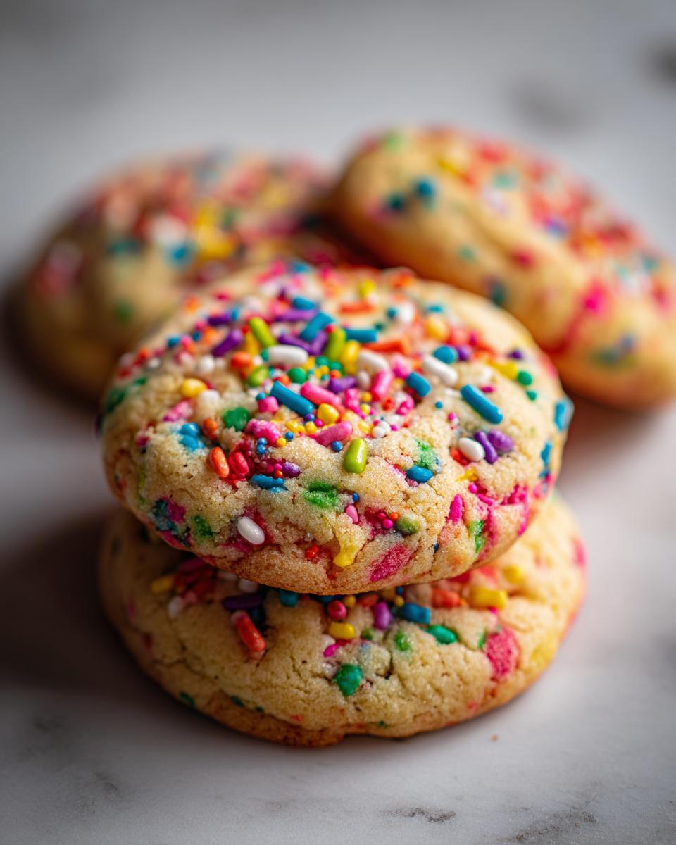 A close-up of a stack of homemade Confetti Sprinkle Cookies, generously topped with colorful sprinkles.