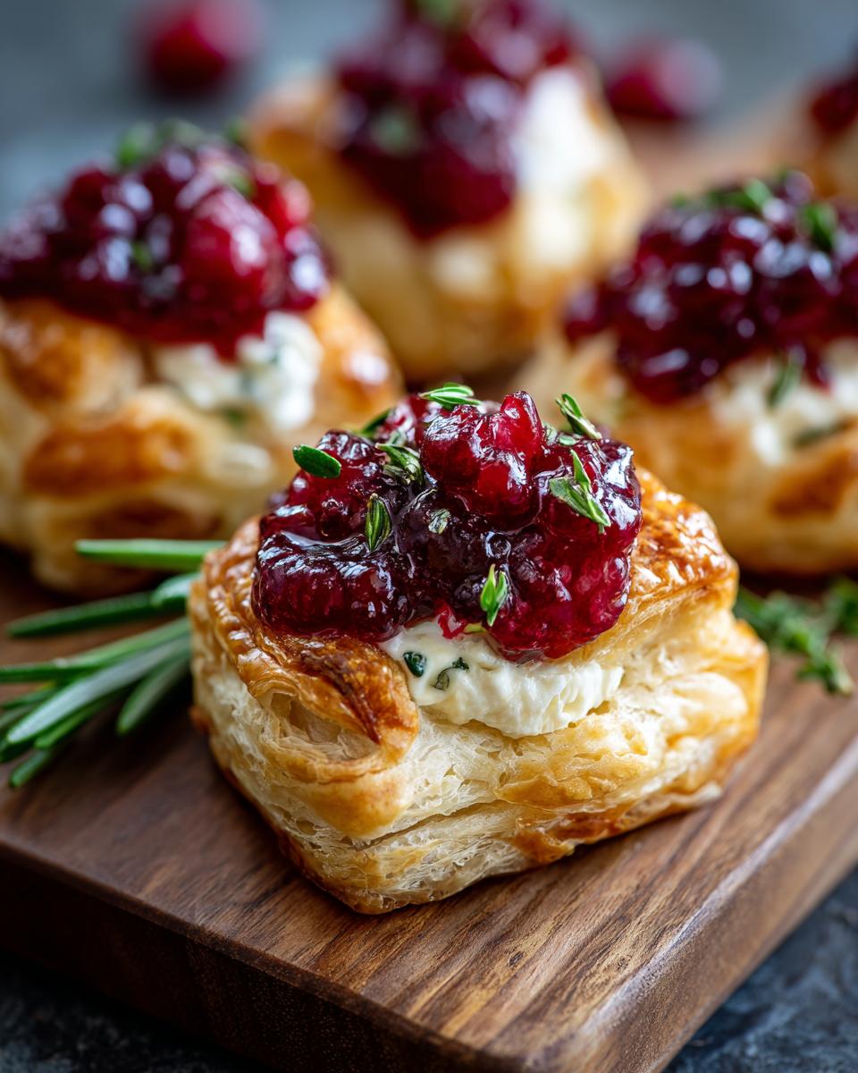 Close-up of a Cranberry Brie Bite on a wooden board, featuring flaky pastry, creamy brie, and tart cranberry topping.