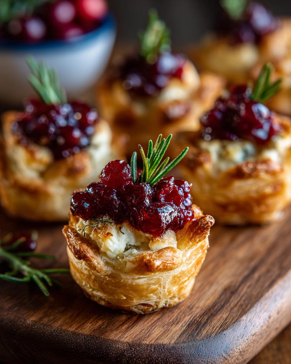 Close-up of Cranberry Brie Bites on a wooden board, topped with cranberry sauce and rosemary.