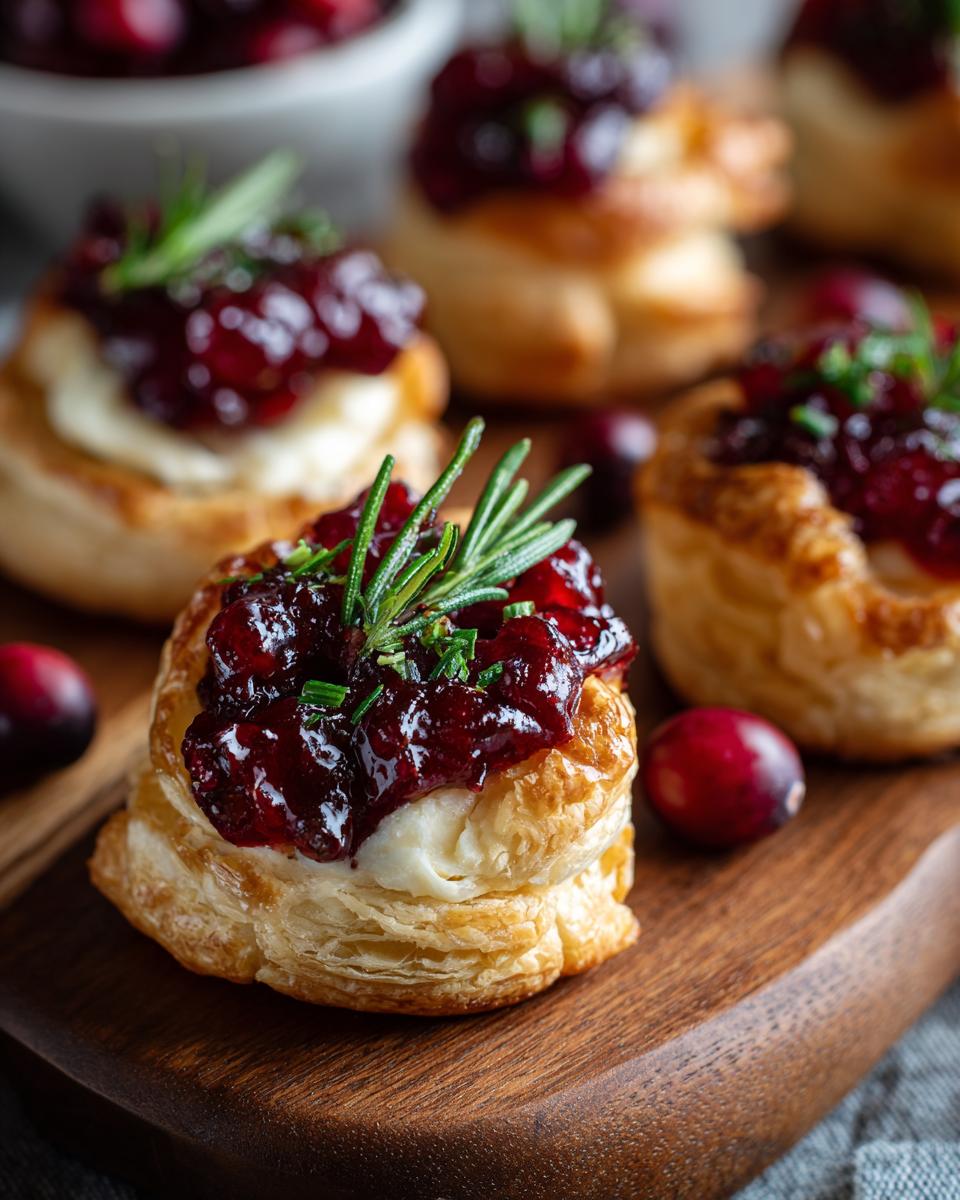Close-up of festive Cranberry Brie Bites topped with cranberry sauce and fresh rosemary sprigs.